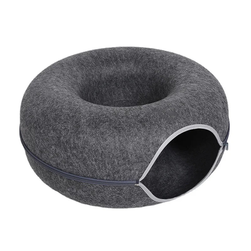 DuoNest Felt – Anti-Anxiety Donut Cat Bed with Tunnel for Two Cats