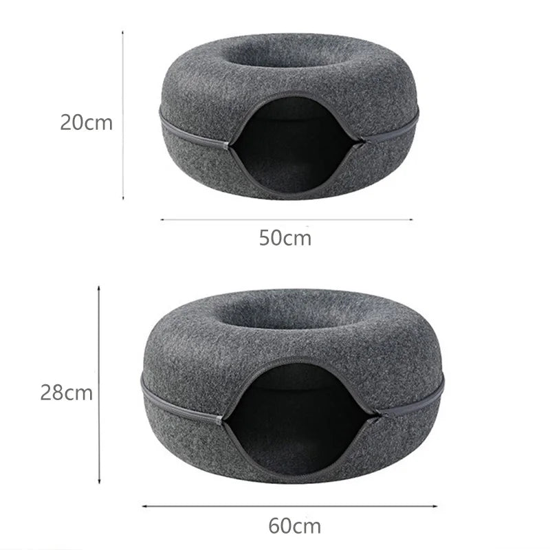 DuoNest Felt – Anti-Anxiety Donut Cat Bed with Tunnel for Two Cats