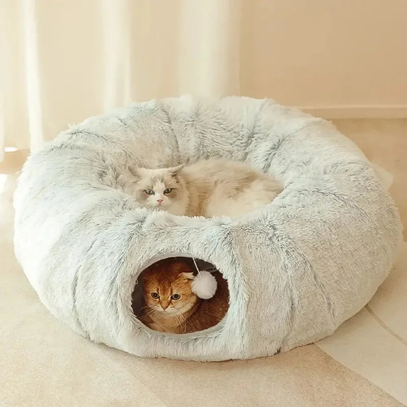 CozyTunnel Duo – Anti-Anxiety Plush Cat Bed with Tunnel for Comfort & Play