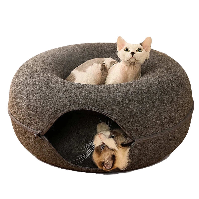 DuoNest Felt – Anti-Anxiety Donut Cat Bed with Tunnel for Two Cats