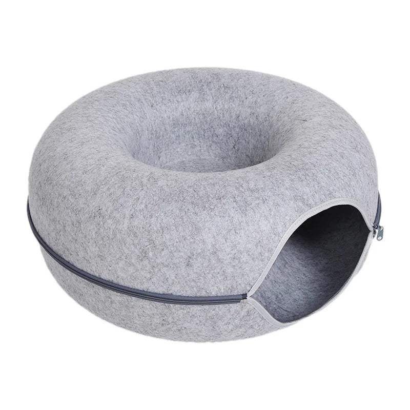 DuoNest Felt – Anti-Anxiety Donut Cat Bed with Tunnel for Two Cats