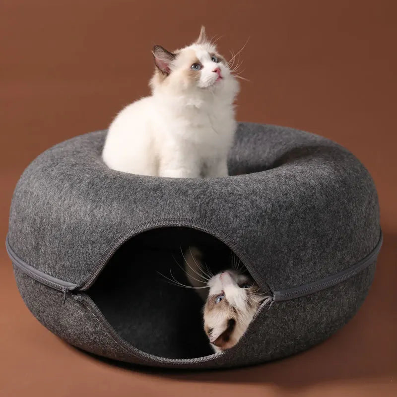 DuoNest Felt – Anti-Anxiety Donut Cat Bed with Tunnel for Two Cats