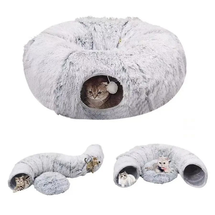CozyTunnel Duo – Anti-Anxiety Plush Cat Bed with Tunnel for Comfort & Play