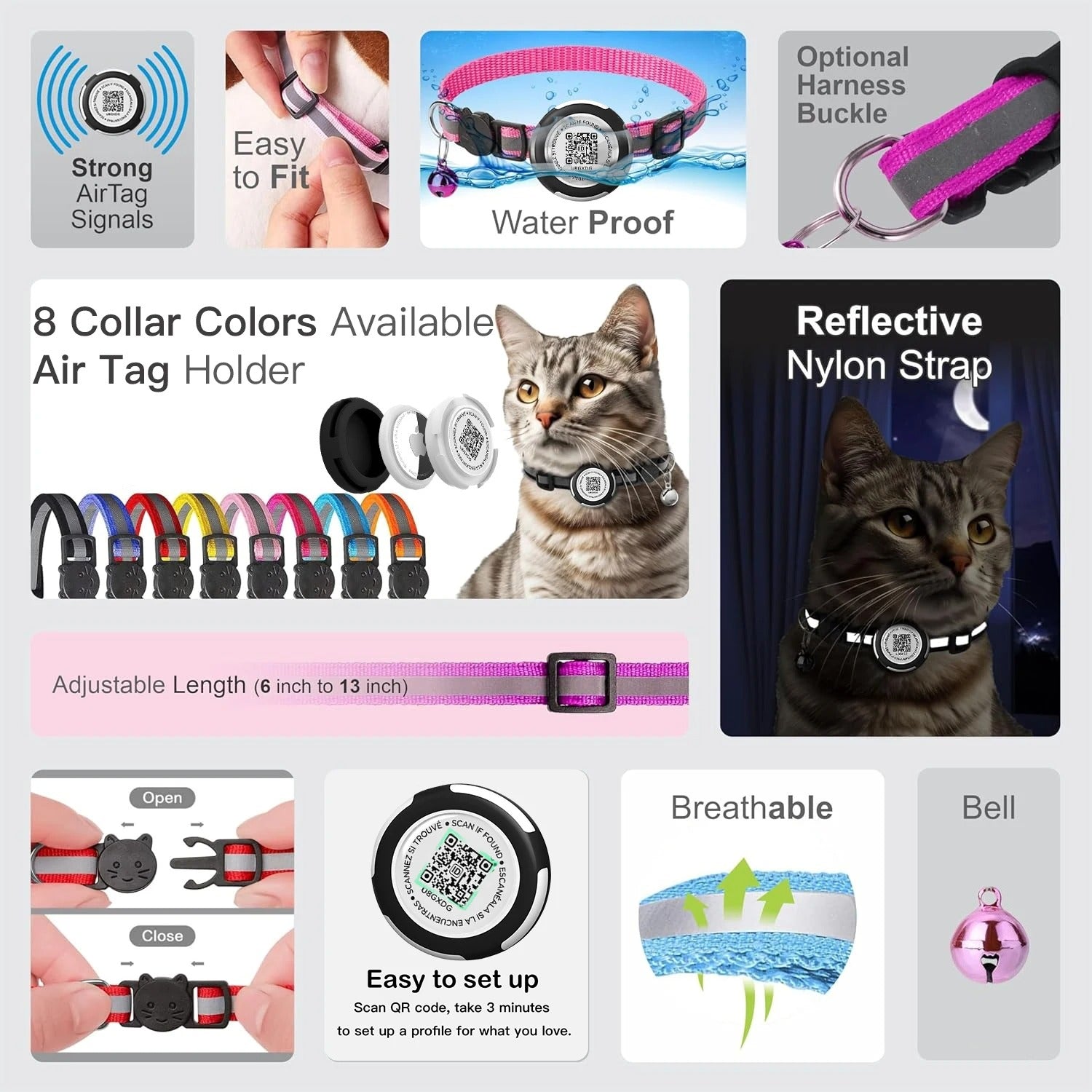 PawTrack – Reflective Adjustable Cat Collar with AirTag Holder & QR Tag